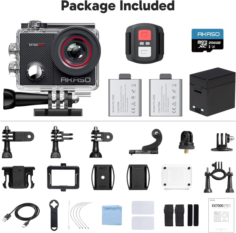 AKASO EK7000 Pro 4K30fps Action Camera with 256GB MicroSDXC U3 Card Accessories Kit Bundle, 20MP Ultra HD 131ft Waterproof Underwater Camera EIS WiFi Remote Control 5X Zoom Sport Cameras - Image 9